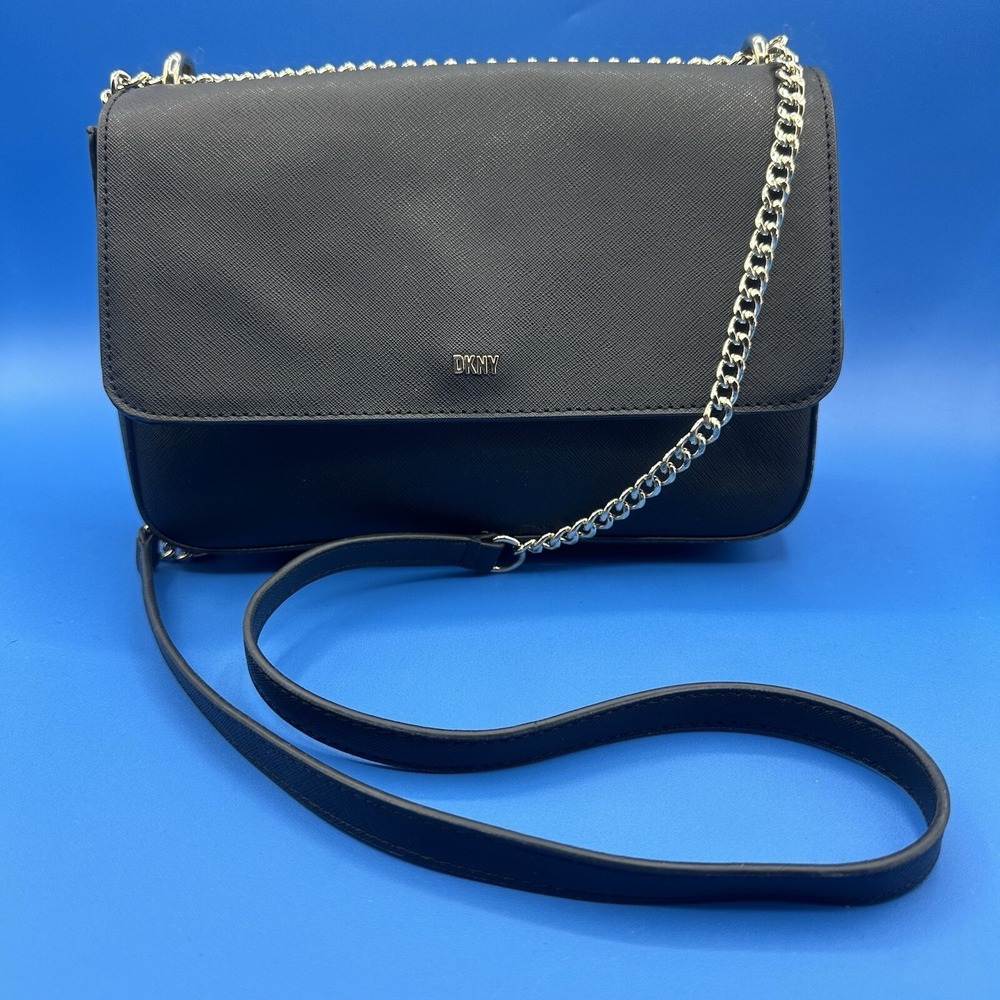 DKNY Sina Small Flap Crossbody Chain Purse in Black Leather